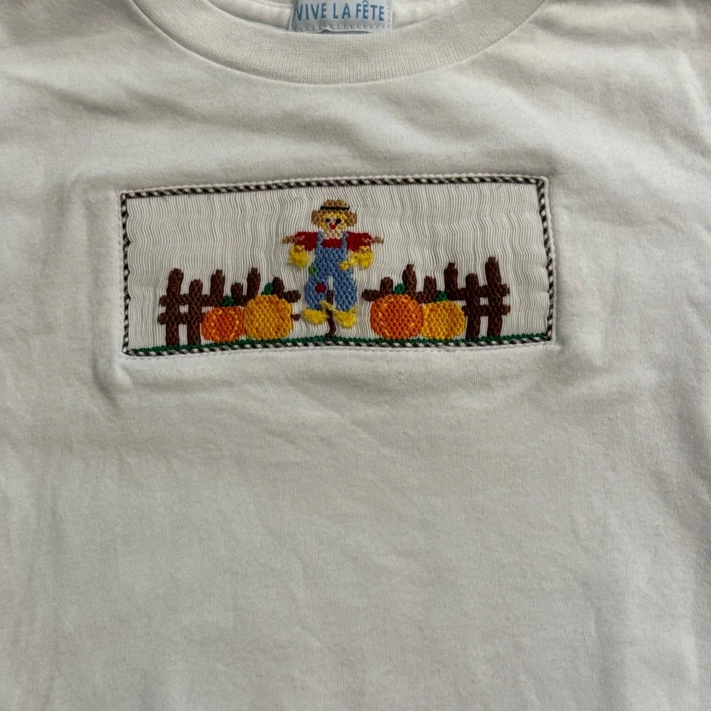 Vive La Fete Kids White Long Sleeve Smocked Scarecrow Pumpkin Fall T-Shirt